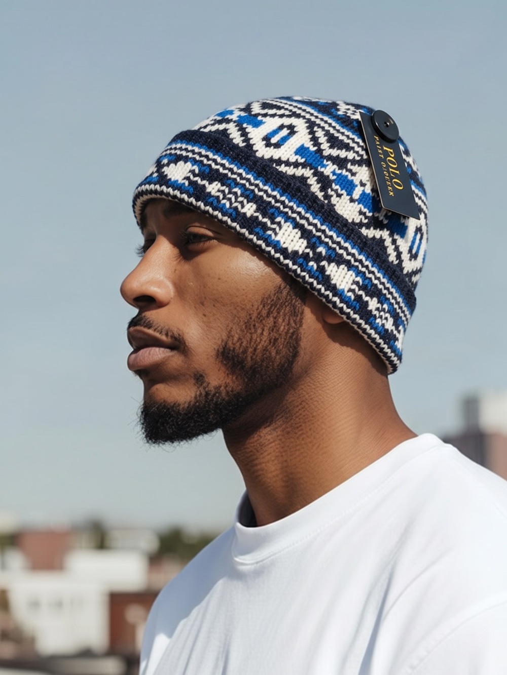 Polo by Ralph Lauren Fair Isle Wool Blend Blue, Black & White Knit Beanie